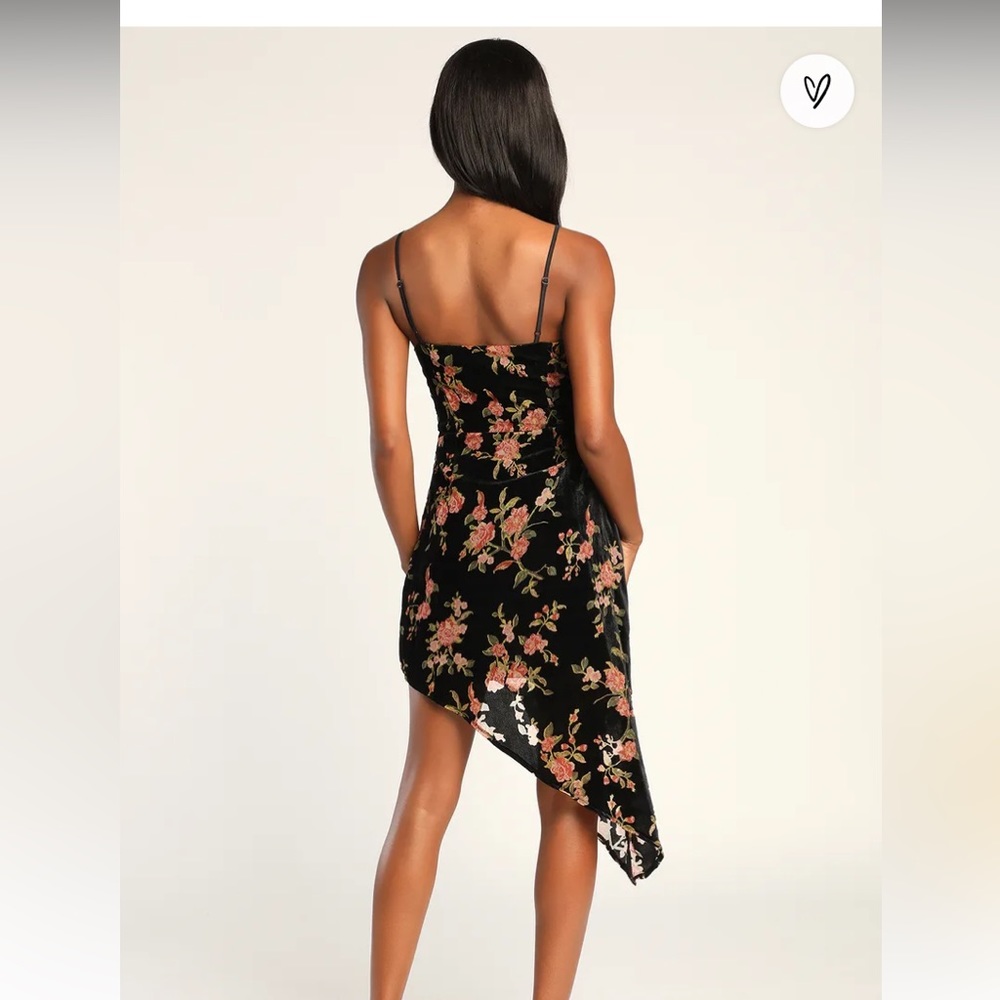 Evenings with You Black Floral Asymmetrical Velvet Dress